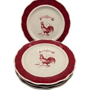 Country Living Rooster Salad Plates Set of 4 Red Farmhouse 9.5" Heavy Cottage